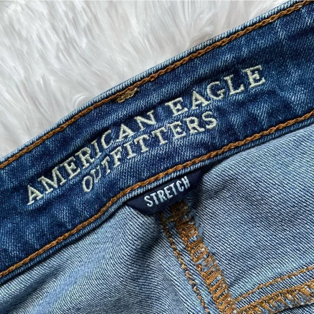 American Eagle Tomgirl Jeans Button‎ Fly Raw Ankle Hem Blue Stretch Distressed 2
